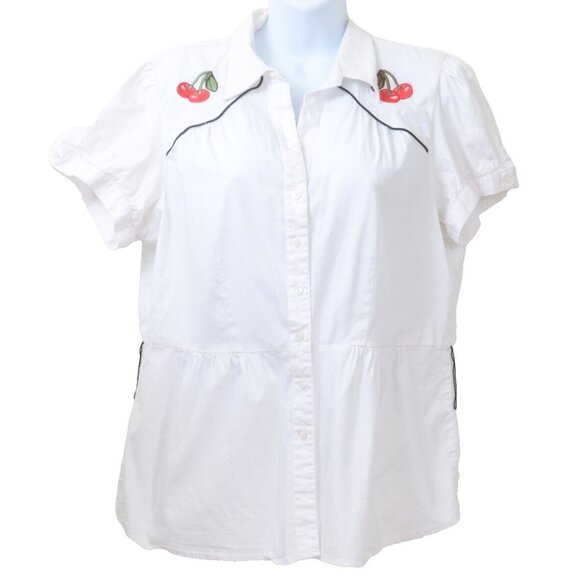 Torrid Red Cherries Plus Size 1X Rockabilly Retro Button Shirt Puff Sleeves - Picture 1 of 8